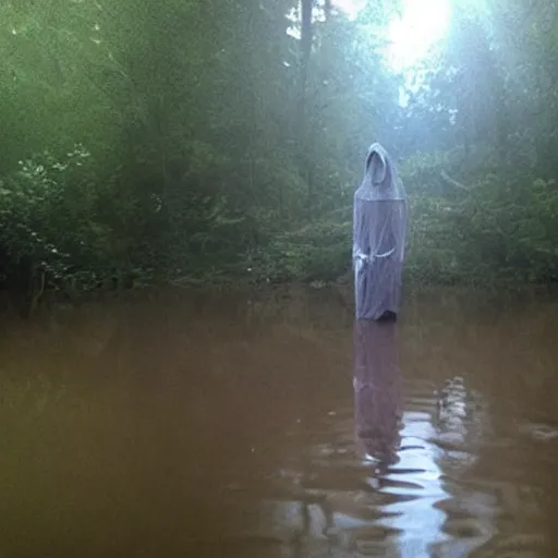 Prompt: photo of a ghostly figure floating over a river, cinematic, blair witch project, real