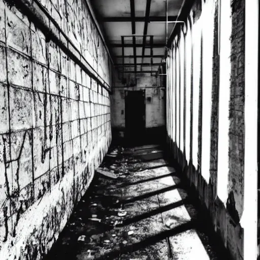 Image similar to scary old lady laughing in an abandoned prison, security camera, black and white, real