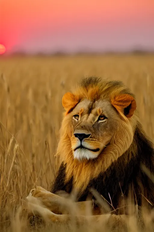 Prompt: a beautiful male lion lying on the wheat field at sunset