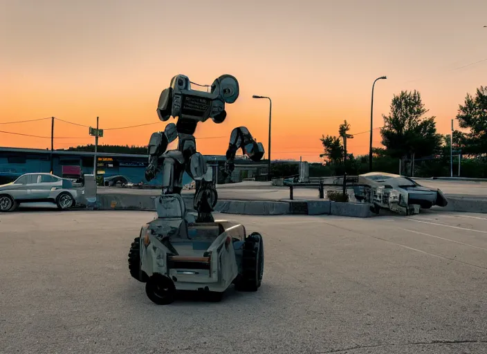 Prompt: a broken down battle robot in the parking lot of a convenience store at dusk