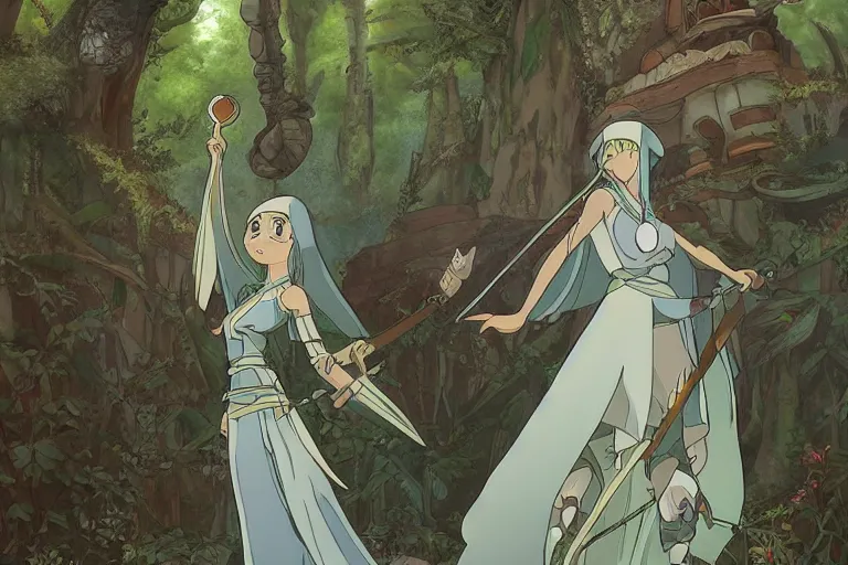 Image similar to tonemapped elven priestess by studio ghibli, highly detailed,