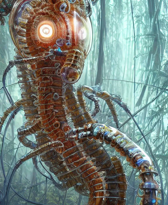 Prompt: opulent transparent clear see - through portrait of a terrifying beautiful male alien centipede robot, mottled coloring, adorable, childlike, overgrown biopunk jungle environment, ultra realistic, concept art, art nouveau, photorealistic, octane render, 8 k, unreal engine. art by christopher marley and artgerm and greg rutkowski and alphonse mucha