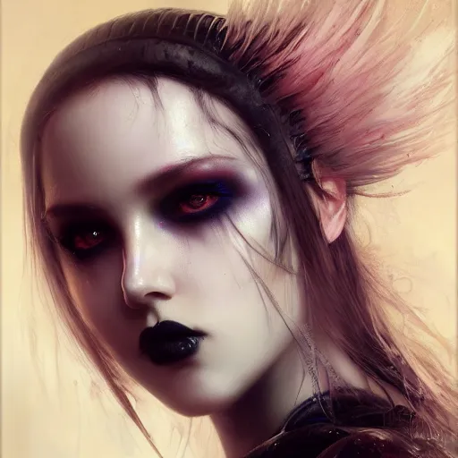 Prompt: a beautiful portrait of kerli koiv with pastel goth makeup, a detailed painting by greg rutkowski and raymond swanland and luis royo, featured on cgsociety, grimdark art, detailed painting, artstation hd, photorealistic