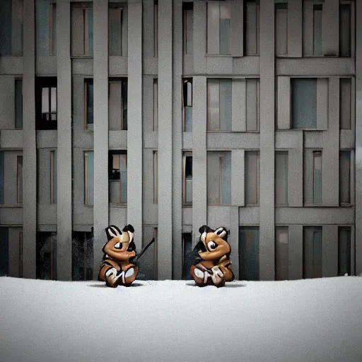 Image similar to two chipmunks ( chip and dale ) smoking cigarettes, soviet plattenbau houses at background, cinematic lighting, winter, melancholy atmosphere, volumetric light, realistic reflections, depression atmosphere, postprocessing