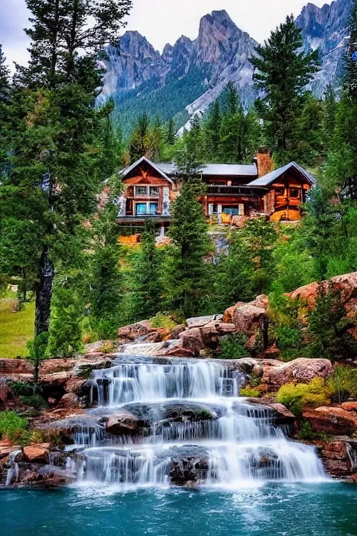 Image similar to Beautiful mountain side ranch, waterfall, modern mansion