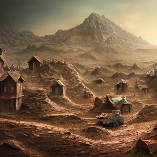 Image similar to elaborately detailed photo art of people already made houses on planet mars , high fantasy matte painting, atmospheric lighting, highly detailed illustration highlights, 8K detail post-processing, featured on DeviantArt, trending on cgsociety H 768