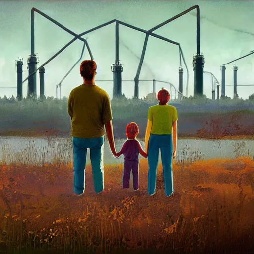 Prompt: a family holding hands, looking at an abandoned steelworks by simon stalenhag