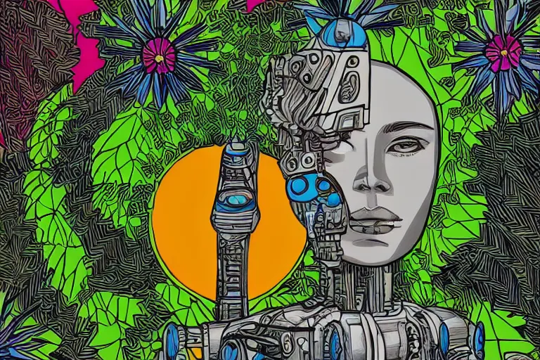 Prompt: gigantic robot - girl head floating in the space, a lot of exotic plants, trees, flowers, oldschool vintage sci - fi flat surreal grainy design, super - detailed, drawing by howard arkley, hd, 4 k, high quality