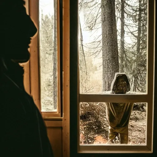 Prompt: locked in a cabin in the woods : a horror story come to life, this photo idea features a person locked in a cabin with a madman outside, trying to get in.