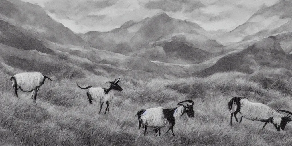 Prompt: painting of hill goats grazing in cold craggy highlands, grey, overcast