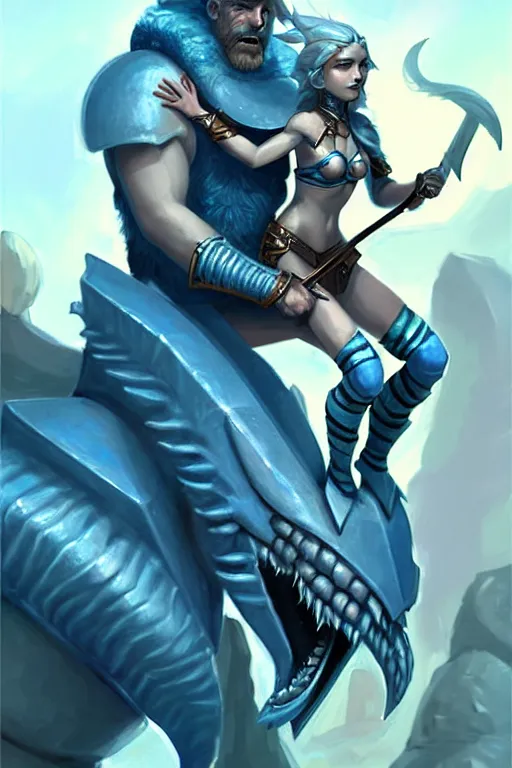 Image similar to a small blue-skinned triton girl wearing scale armor riding on a the shoulders of a large male goliath wearing fur and leather armor, dnd concept art, painting by ross tran and Tyler Jacobson