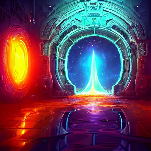 Image similar to portal to another dimension, magnificent, epic, neon, highly detailed, beautiful lighting, fantasy landscape, trending on artstation