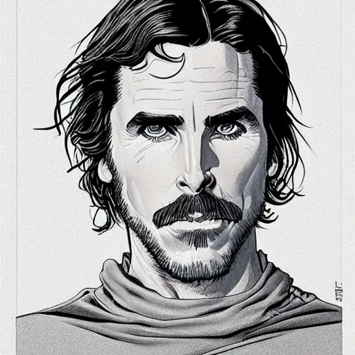 Image similar to christian bale retro minimalist portrait by jean giraud, moebius starwatcher comic, 8 k