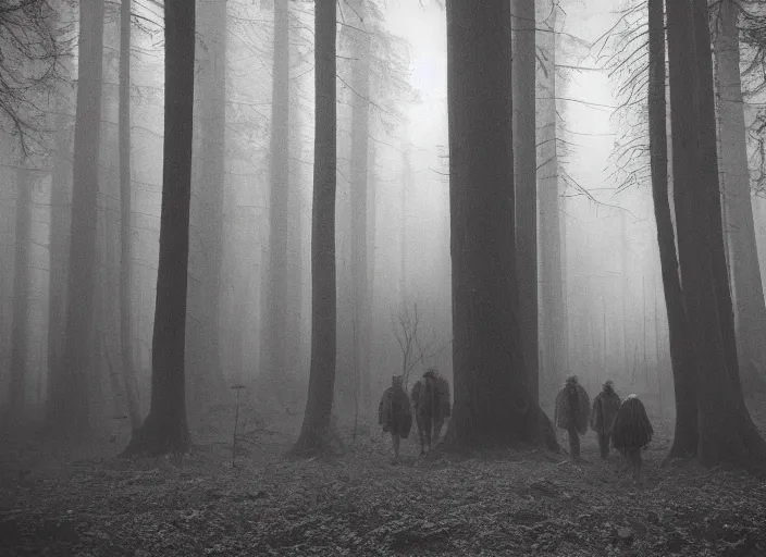 Prompt: giants in the wood by Jakub Rozalski, lomography photo, blur, monochrome, 35 mm