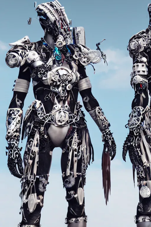 Prompt: white cyborg fashion shot, male maasai punk warriors, fractal decorations, savannah background, unreal engine, trending on artstation,