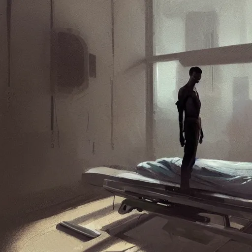 Image similar to concept art by greg rutkowski, very tall and slender young man waking up in a hospital bed, futuristic and high - tech setting but desolate and dimly lit, scifi, highly detailed portrait, digital painting, artstation, concept art, smooth, sharp foccus ilustration, artstation hq