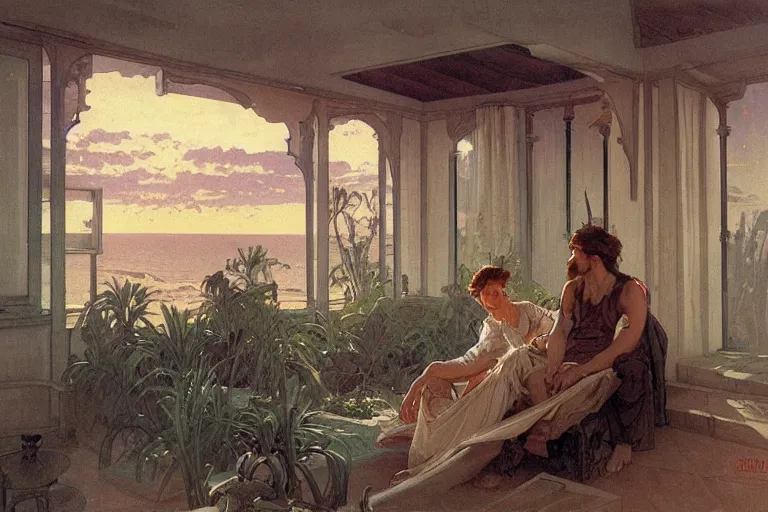 Image similar to a matte painting of a man watching the sunset with his wife in his house by the beach, by greg rutkowski, by alphonse mucha, muted colors