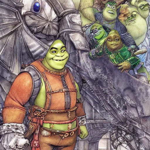 Image similar to Shrek 2 illustrated by Yoshitaka Amano highly detailed watercolor