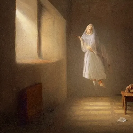 Image similar to representation of a royal girl in a doomed jail, with just a beam of light coming from a little window in the style of Francesco Raibolini, Italian painter, goldsmith and medalist