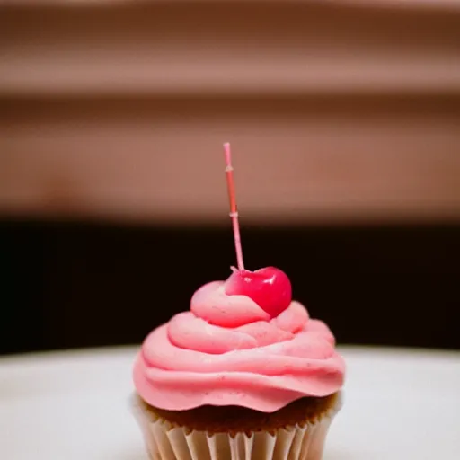 Image similar to close up photograph of a cute pink cupcake with cherry on top, 3 5 mm