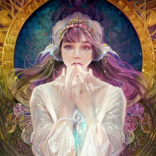 Prompt: a photograpic portrait of a anthropomorphic crystal wearing white clothes, iridescent colors, fantasy, intricate, elegant, highly detailed, digital painting, artstation, concept art, smooth, sharp focus, illustration, art by artgerm and H R Giger and alphonse mucha