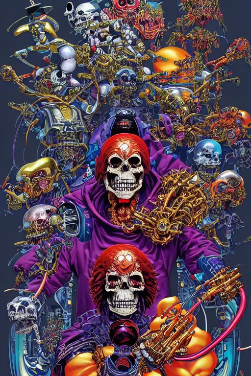 Image similar to poster of crazy roborts skeletor, by yoichi hatakenaka, masamune shirow, josan gonzales and dan mumford, ayami kojima, takato yamamoto, barclay shaw, karol bak, yukito kishiro