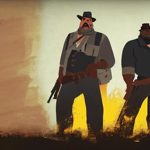 Image similar to Film still of the heavy from team fortress 2 in a town from Red Dead Redemption 2 (2018 video game), concept art