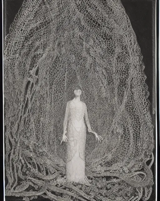 Image similar to a woman standing at the mouth of a cave, made of intricate decorative lace leaf skeleton, in the style of the dutch masters and gregory crewdson, dark and moody