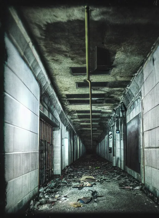 Prompt: strange evil monster anamorphic in a abandoned subway, polaroid photography with flash, resident evil 7 - n 4