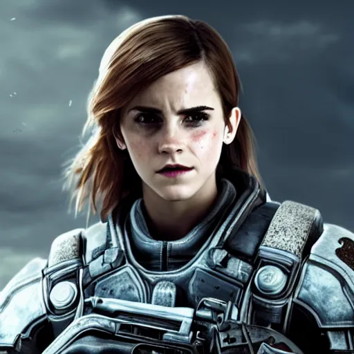 Image similar to emma watson in gears of war, splash art, movie still, cinematic lighting, dramatic, octane render, long lens, shallow depth of field, bokeh, anamorphic lens flare, 8 k, hyper detailed, 3 5 mm film grain