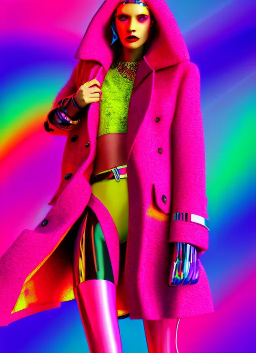 Prompt: coat for a rave, bright colors, many details, prints, photo for a magazine, photo for a store, fashion photography, Vogue, 135 mm, cinematic, hyper realism, high detail, octane render, 8k, chrome accents, perfect face model