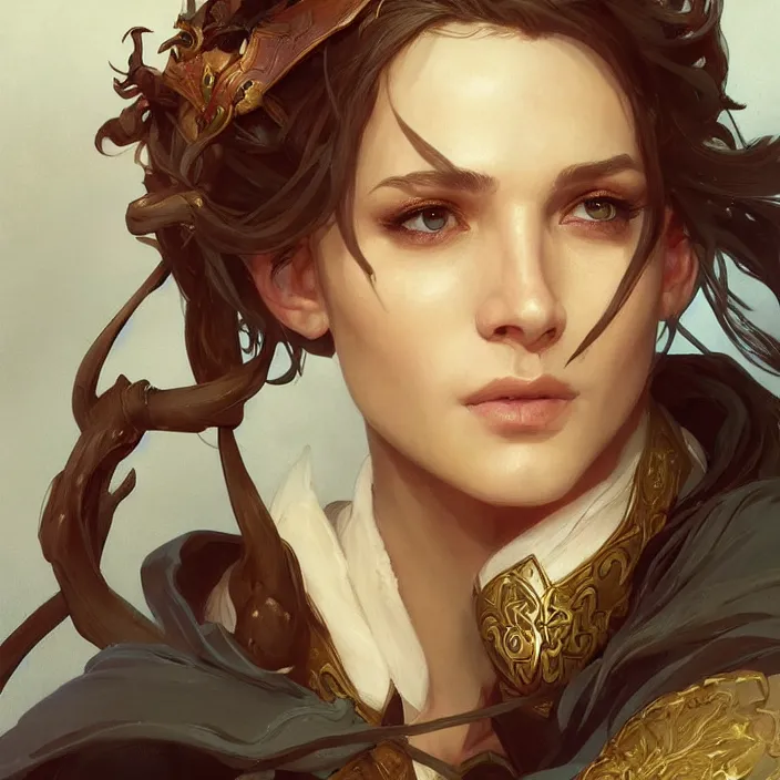 Prompt: excellent painted portrait of a half-elf bard, high quality painting with detailed face, 4k, trending on artstation, octane render, art by artgerm and greg rutkowski and alphonse mucha and craig mullins and James Jean and Andrei Riabovitchev and Marc Simonetti and peter mohrbacher