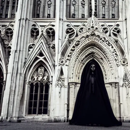 Prompt: architect, white marble gothic cathedral, with mandala flames windows, a gothic girl dressed in black with perfect face