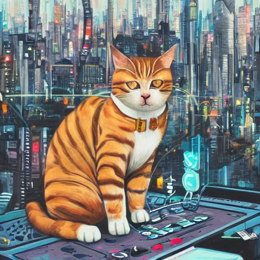 Image similar to a painting of a cat wearing oculus rift with a city in the background, cyberpunk art by hikari shimoda, trending on artstation, panfuturism, dystopian art, circuitry, sci - fi