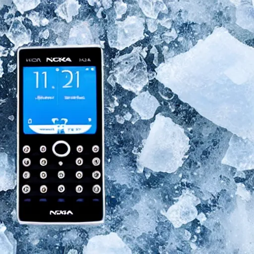 Image similar to a nokia phone, frozen in ice on the surface of the moon