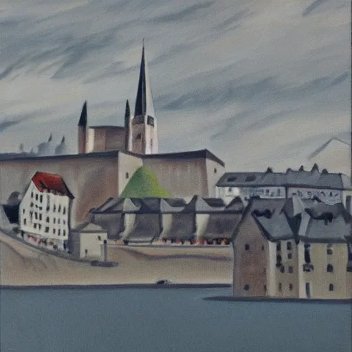 Prompt: very abstract painting of the rhine in basel, the munster in the background, muted greyscale colors, great composition