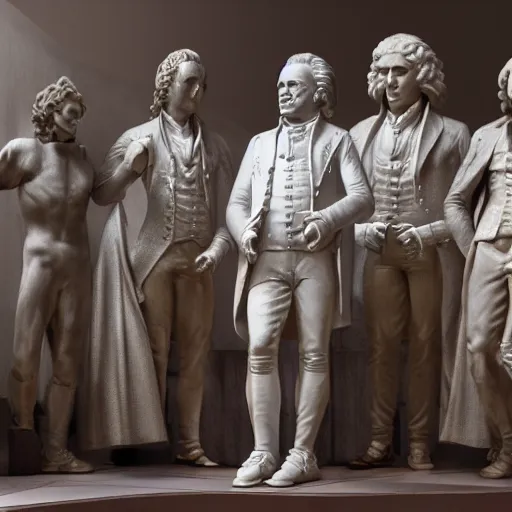 Image similar to mozart and beethoven and bach and liszt all standing next to each other, they're all statues, octane render, 8 k, highly detailed, hyper - realistic.