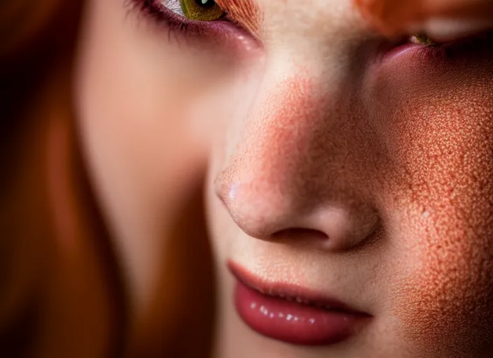 Image similar to 5 5 mm portrait photo of a redhead woman's face with ( intricate cat eyes )!!. highly detailed 8 k. intricate. lifelike. soft light. nikom d 8 5 0. cinematic post - processing