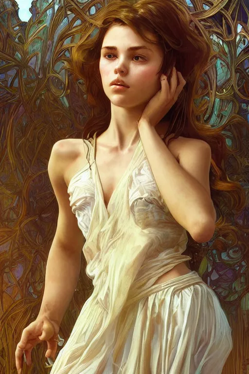 Image similar to portrait of a young teen model looking moved and touched, upper body, fantasy, intricate, elegant, highly detailed, digital painting, artstation, concept art, matte, sharp focus, illustration, art by Artgerm and Greg Rutkowski and Alphonse Mucha