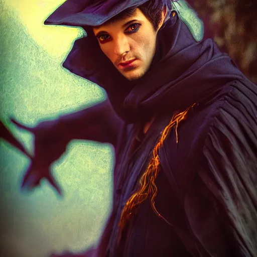 Image similar to portrait of a male warlock,Grim fantasy, D&D, HDR, natural light, medium close shot, dynamic pose, award winning photograph, Mucha style