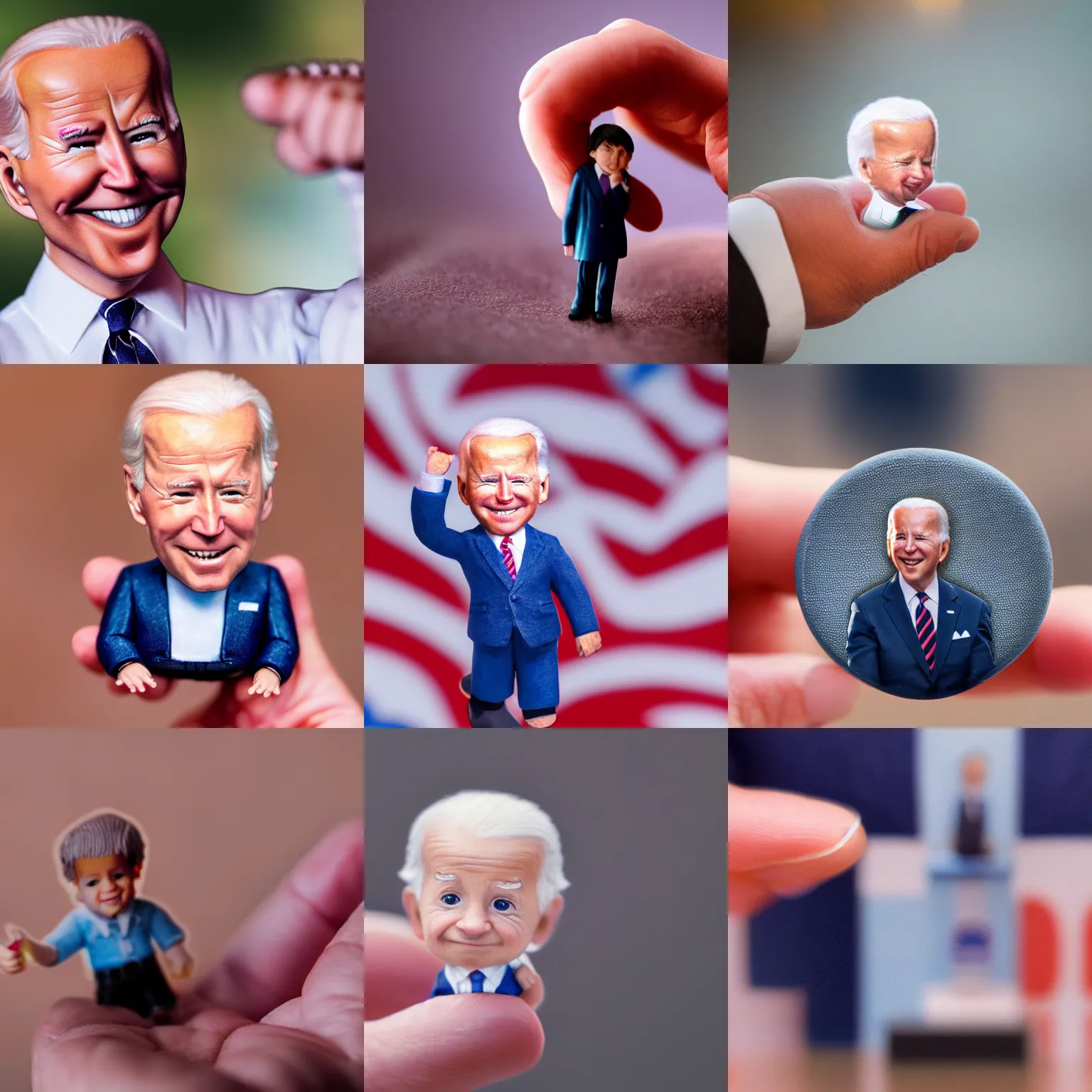 Prompt: realistic photograph of tiny Joe Biden in the palm of a hand, hyper cute, soft focus, kawaii, hyper realism, tilt shift, macro photography, 4K, UHD