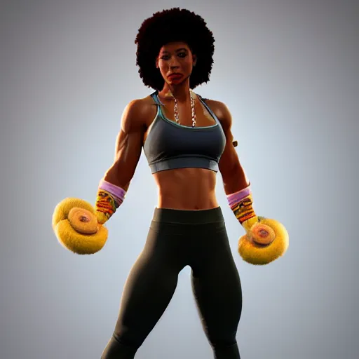 Image similar to 3 d render of a full female body, a mulatto woman with an afro, cruel hazel eyes, very fit body, wearing fitness gear, dead or alive 6, tekken 7, rumble roses, muscular legs, highly detailed, artstation, super realistic, unreal engine