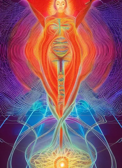 Prompt: humankind transcendence into collaborative intelligence, connectedness, body, ai, by alex grey, album cover, award winning, beautiful, colorful, volumetric lighting, trending on artstation