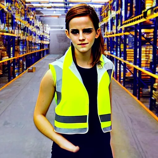 Prompt: photo, close up, emma watson in a hi vis vest, in warehouse, 2 0 0 8 android cameraphone, instagram photo, 2 6 mm,