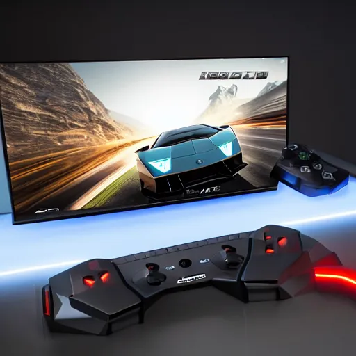 Prompt: A Lamborghini gaming console with its controllers, studio photo