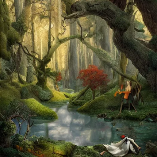 Prompt: the court jesters wife lost in the woods, pretty, beautiful, hyper realistic fantasy painting, artstation, by ansel adams and annie leibovitz, cinematic, magical