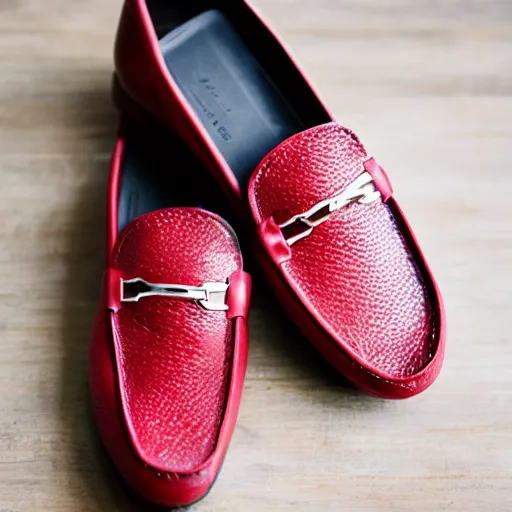 Prompt: leather loafers filled with strawberry cream cheese