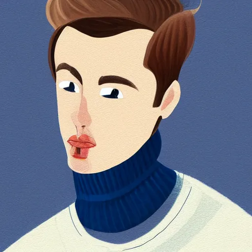 Image similar to gangly 30 year old dark blond man with dark blond hair long on top medium down the sides, blond beard, small chin, rectangular face, thin lips, English heritage, small blue eyes, middle aged, wearing a turtleneck and jacket, pale skin, narrow face, digital art, painterly, cartoon, cute, 8k, illustration, art by loish, painterly, trending on artstation, medium shot, uncropped