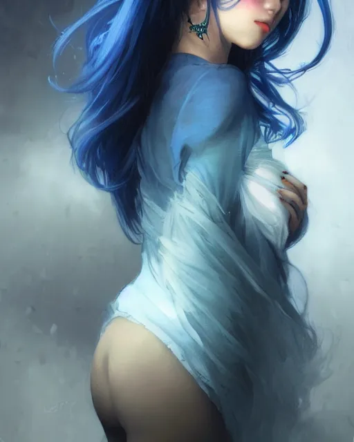 Image similar to stunningly beautiful female blue hair, dj sura, dj geadset, fantasy art, dark light night, sharp focus, digital painting, 8 k, concept art, art by wlop, artgerm, greg rutkowski and alphonse mucha