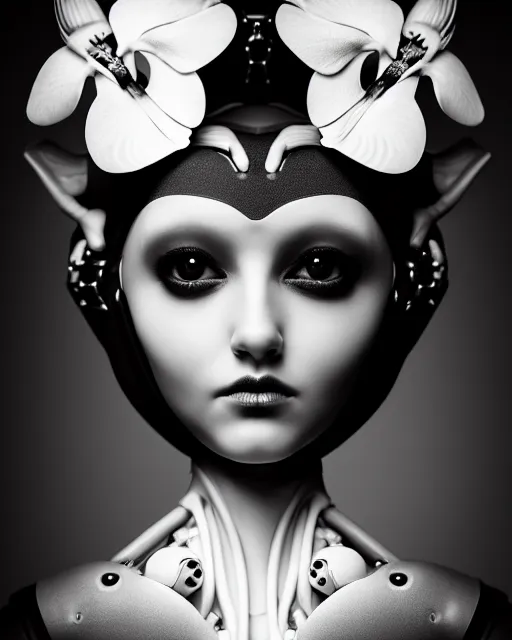 Image similar to surreal mythical dreamy dark artistic black and white fine art 3 / 4 fashion portrait photo of a young beautiful delicate female robot - owl with orchid - doll face, rim light, cinematic, studio dramatic light, poetic, masterpiece, octane render, 8 k, photo - realistic by gustave dore hg giger